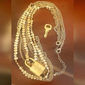 Louis Vuitton Lock and Key #302 in Brass with Vintage Long Layered Necklace